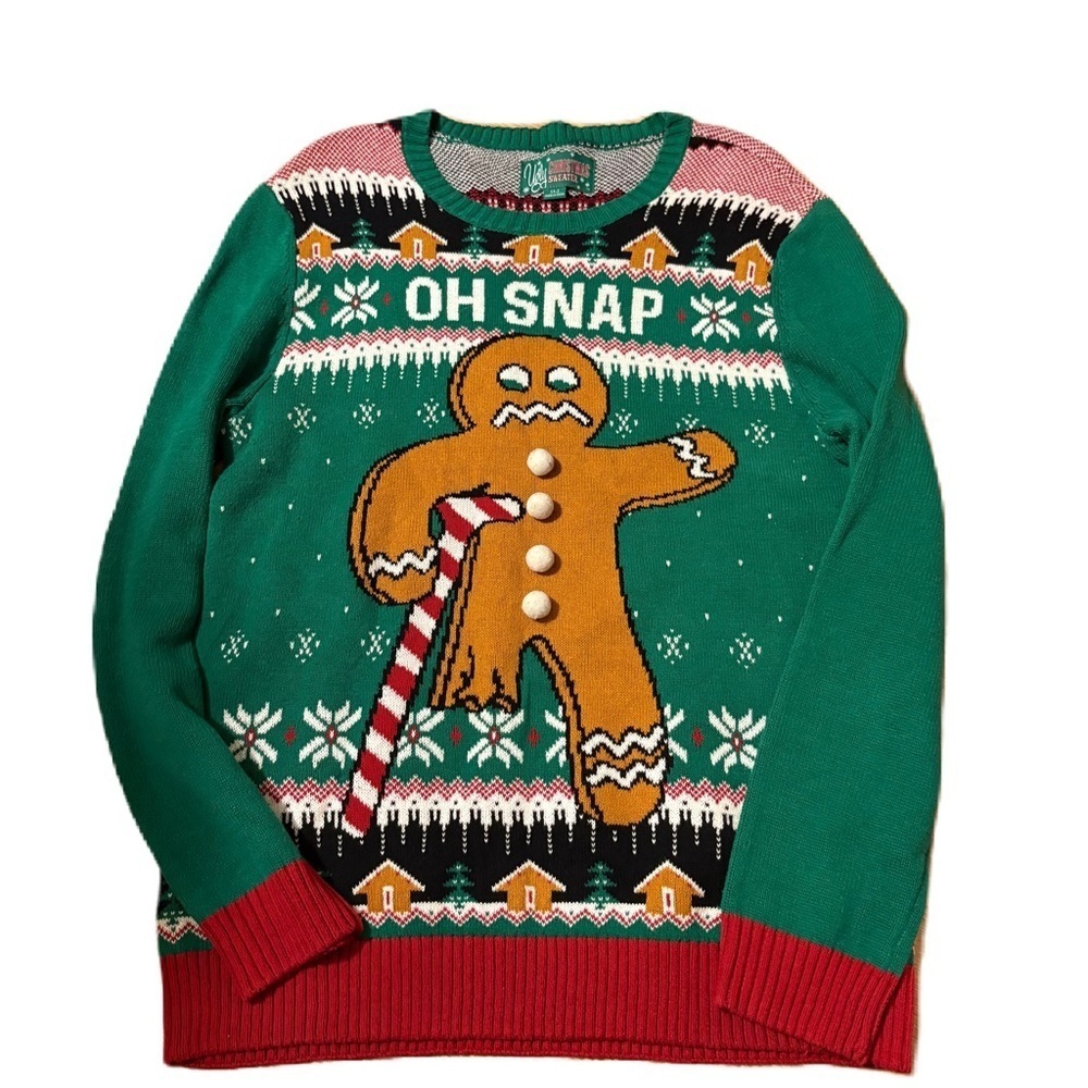 Ugly Christmas Sweater Green Gingerbread Man Oh Snap Bite Me Large Red